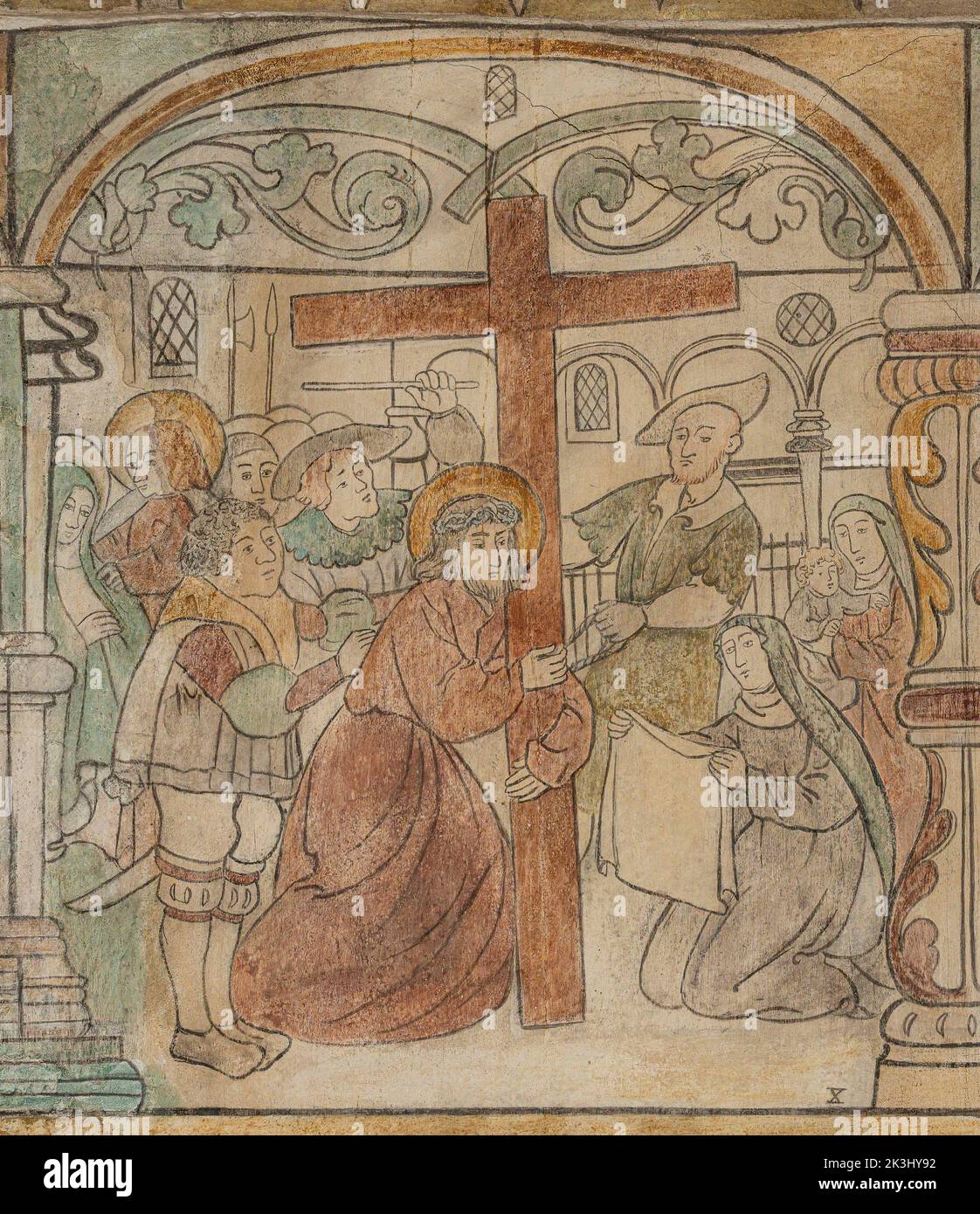 Gesù e Santa Veronica sulla via dolorosa affresco del 1530 nella chiesa di Brøns, Danimarca, 15 settembre 2022 Foto Stock