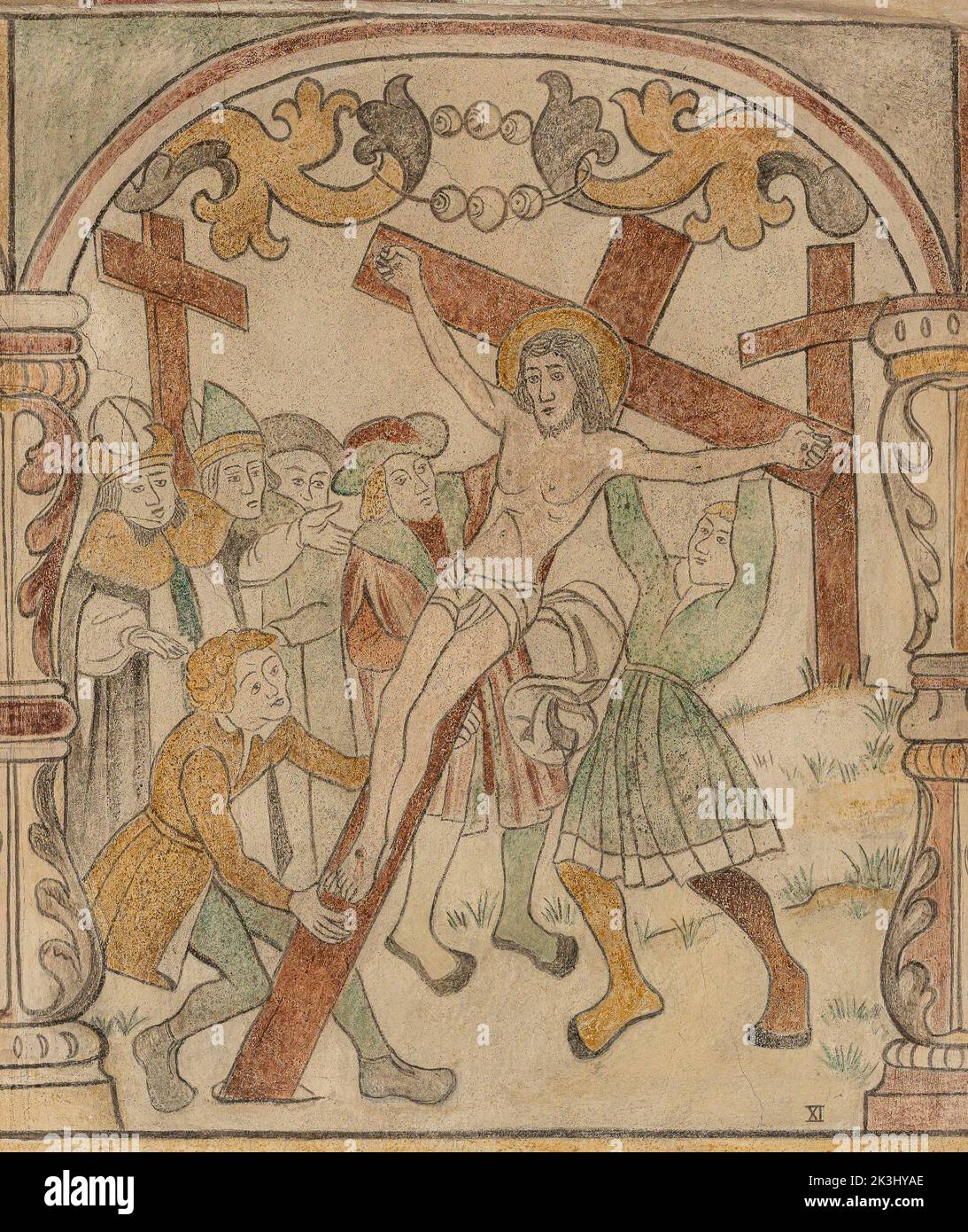 Un affresco del 1530 raffigurante la crocifissione di Gesù nella chiesa di Brøns, Danimarca, 15 settembre 2022 Foto Stock