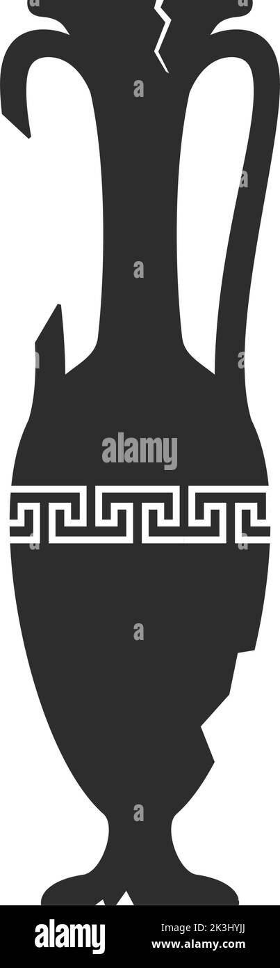 Silhouette anfore spezzata. Vaso greco antico incrinato con motivo a meandro. Vasetto o vaso in ceramica antico. Ceramica di argilla vecchia. Vettore Illustrazione Vettoriale
