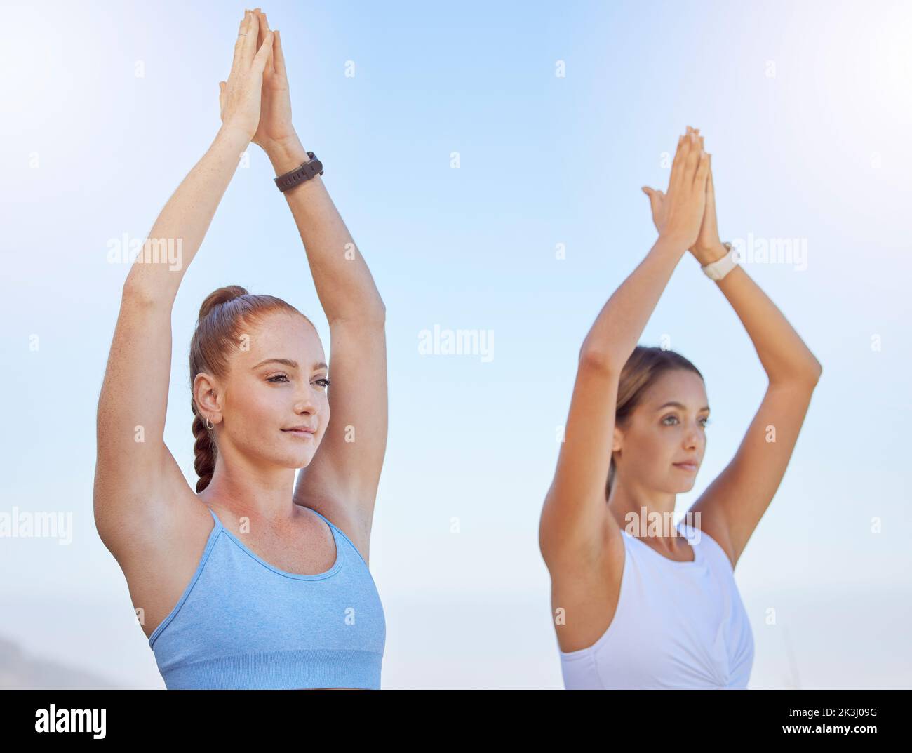 Donne, yoga e meditazione in natura per rilassarsi, allenamento e esercizio per la salute mentale. Zen amici, pace o chakra fitness persone in Foto Stock