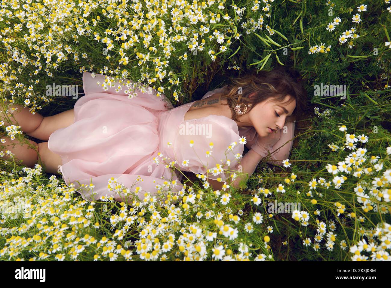 Giovane donna bionda che indossa un abito rosa puffy in un campo di fiori in estate Foto Stock
