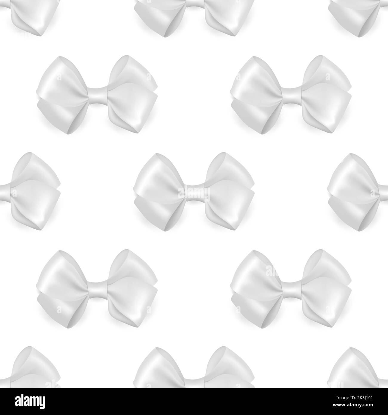 Modello vettoriale senza cuciture con 3D realistiche Seta Bianca, Satin Gift Bow. Arco per compleanno, regali di Natale, regali, inviti, carte. Vacanza Illustrazione Vettoriale