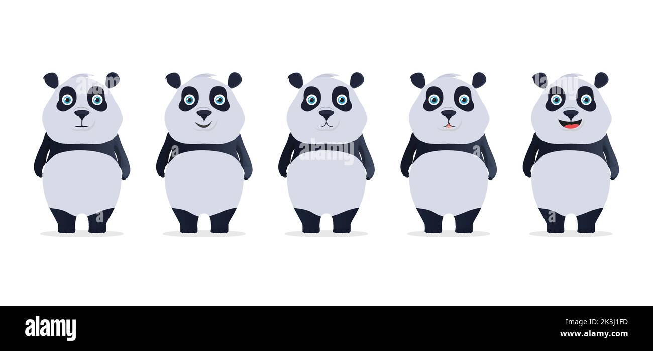 Carino Panda, Panda animale caratteri set vettore. I panda portano un personaggio con un'espressione simpatica Illustrazione Vettoriale