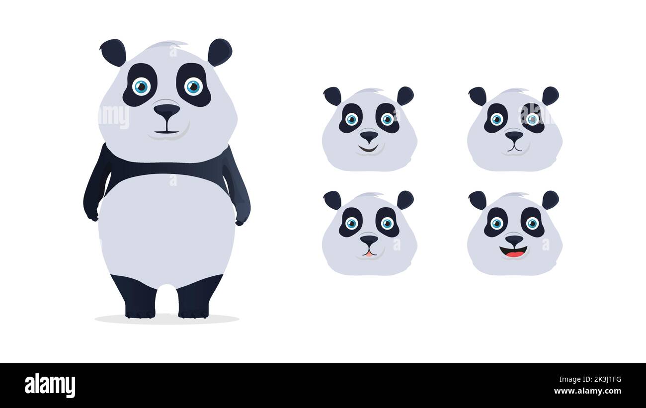 Carino Panda, Panda animale caratteri set vettore. I panda portano un personaggio con un'espressione simpatica Illustrazione Vettoriale