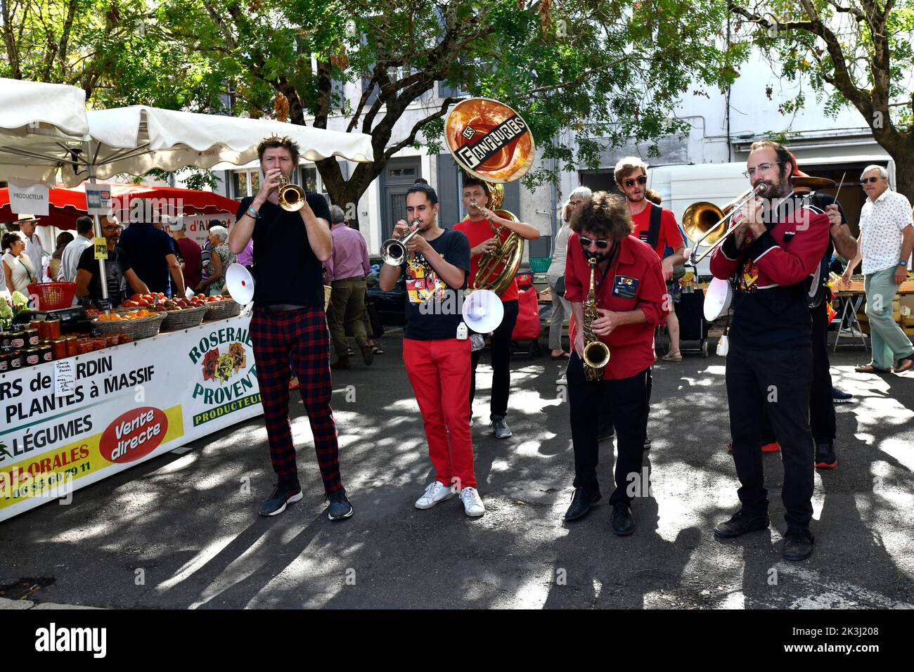 Musicisti jazz francesi che si esibiscono al mercato di strada inNérac nel dipartimento Lot-et-Garonne, nel sud-ovest della Francia Foto Stock