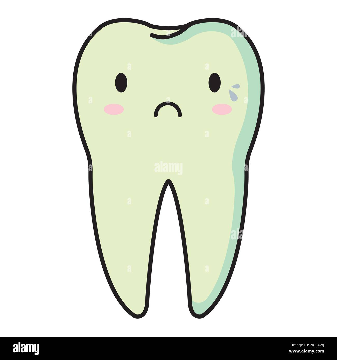 Illustrazione piatta del cartone animato di un dente malato. Kawaii triste dente. Illustrazione vettoriale. Illustrazione Vettoriale
