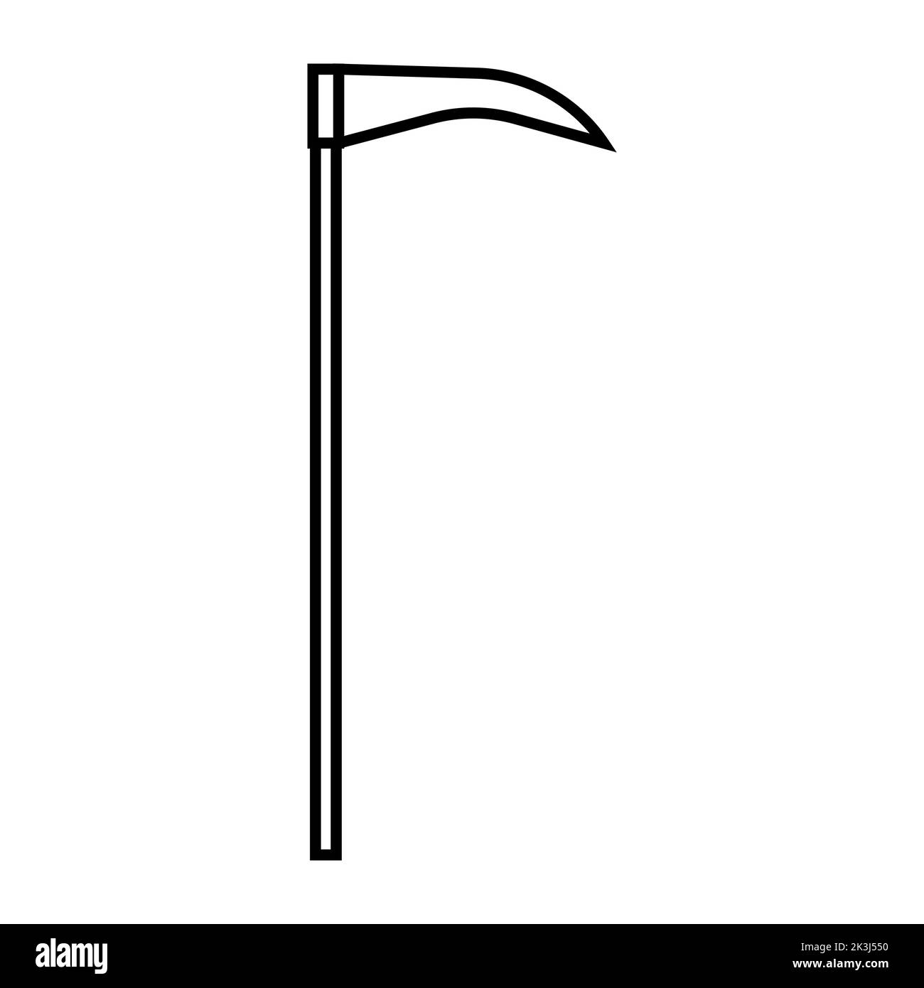 Icona scythe linea vettore illustrazione segno e simbolo strumento fattoria o morte. Farmer contorno pericolo affilato lama design e halloween horror lineare arma.C Illustrazione Vettoriale