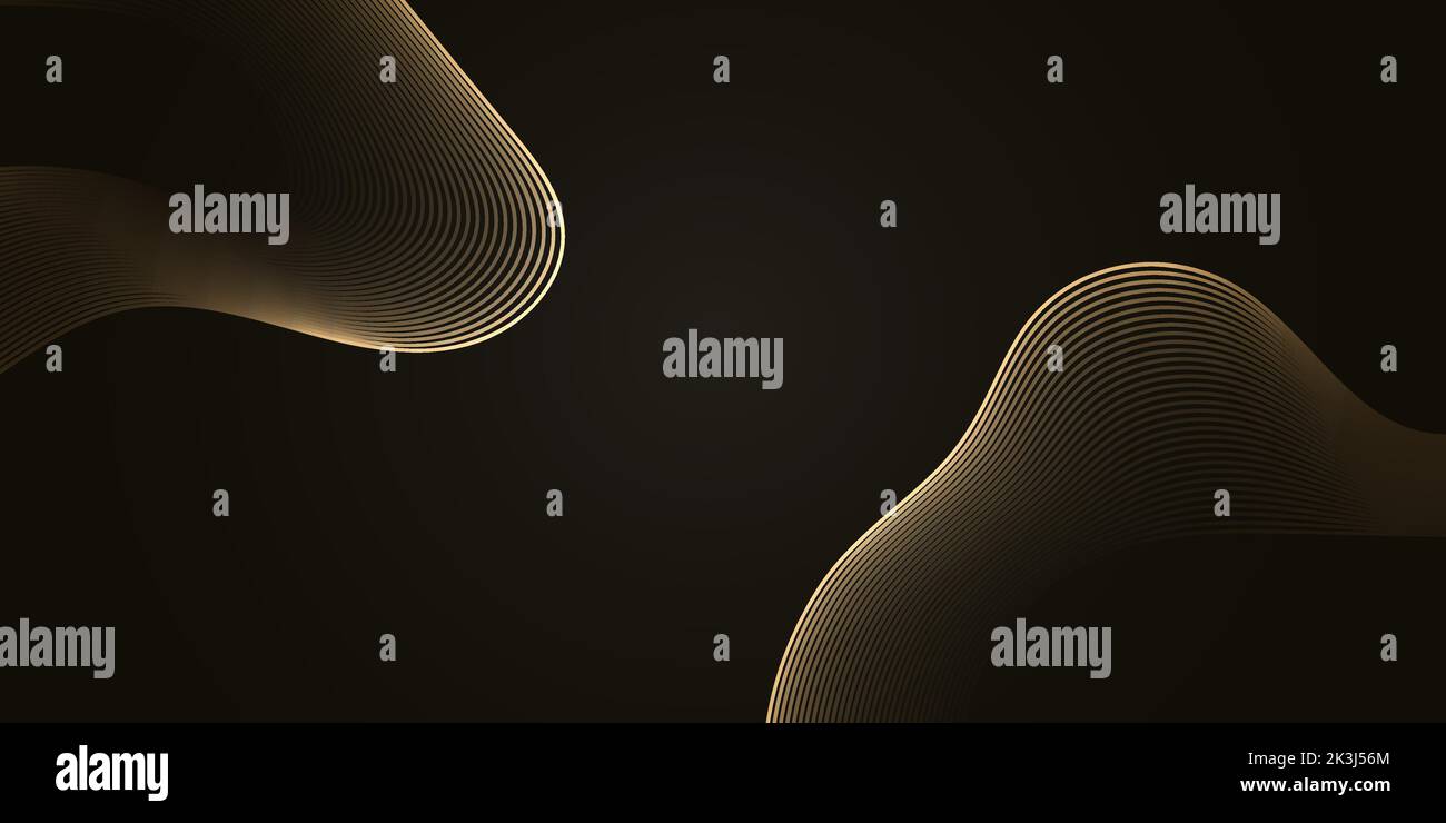 Modello di banner astratto di lusso con onde dorate su sfondo nero con spazio di copia per il testo. Strisce luminose dinamiche lucide. Contorto futuristico Illustrazione Vettoriale