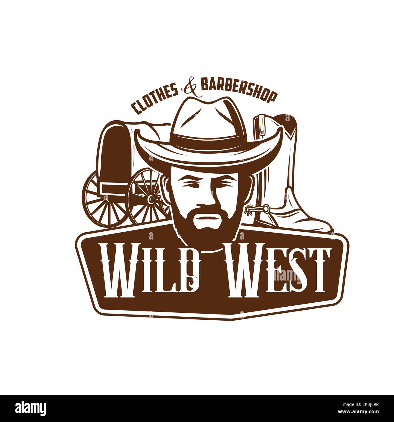 Icona del vettore dei cowboy selvaggi occidentali con cappello in pelle, stivali occidentali e carro. Cowboy rodeo, cavaliere del selvaggio West o bandito americano con barba, baffi e vecchio cappuccio isolato simbolo marrone Illustrazione Vettoriale