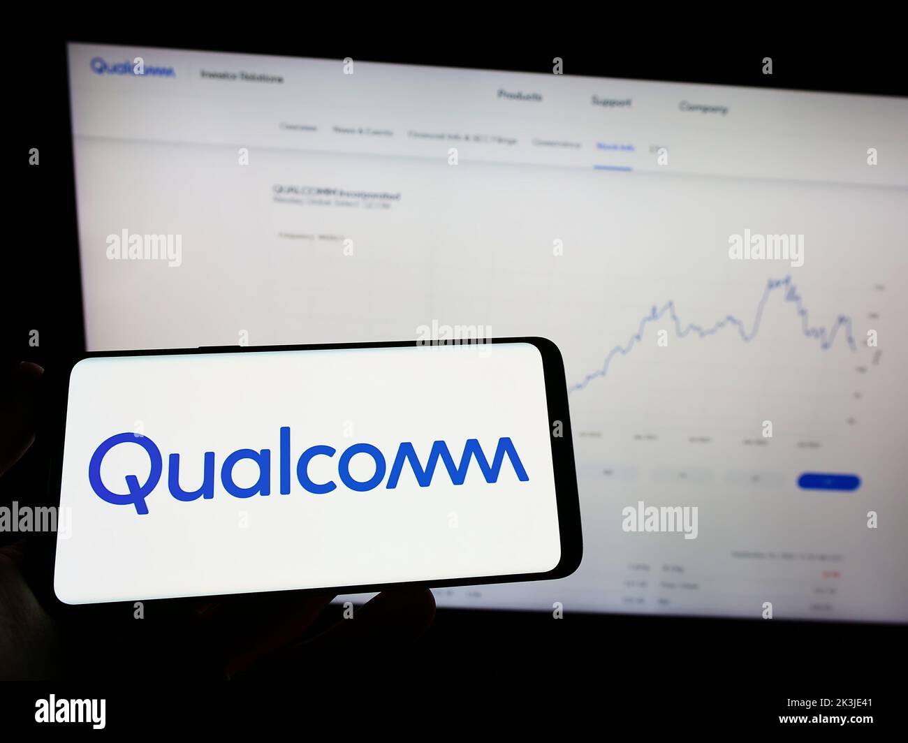 Persona in possesso di smartphone con il logo della società statunitense di semiconduttori Qualcomm Incorporated sullo schermo di fronte al sito Web. Messa a fuoco sul display del telefono. Foto Stock