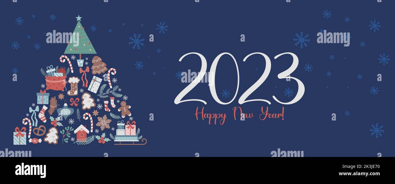2023 Felice Anno Nuovo. Banner orizzontale con albero di Natale da simboli tradizionali e decorazioni festive su sfondo blu con fiocchi di neve. Vettore illus Illustrazione Vettoriale