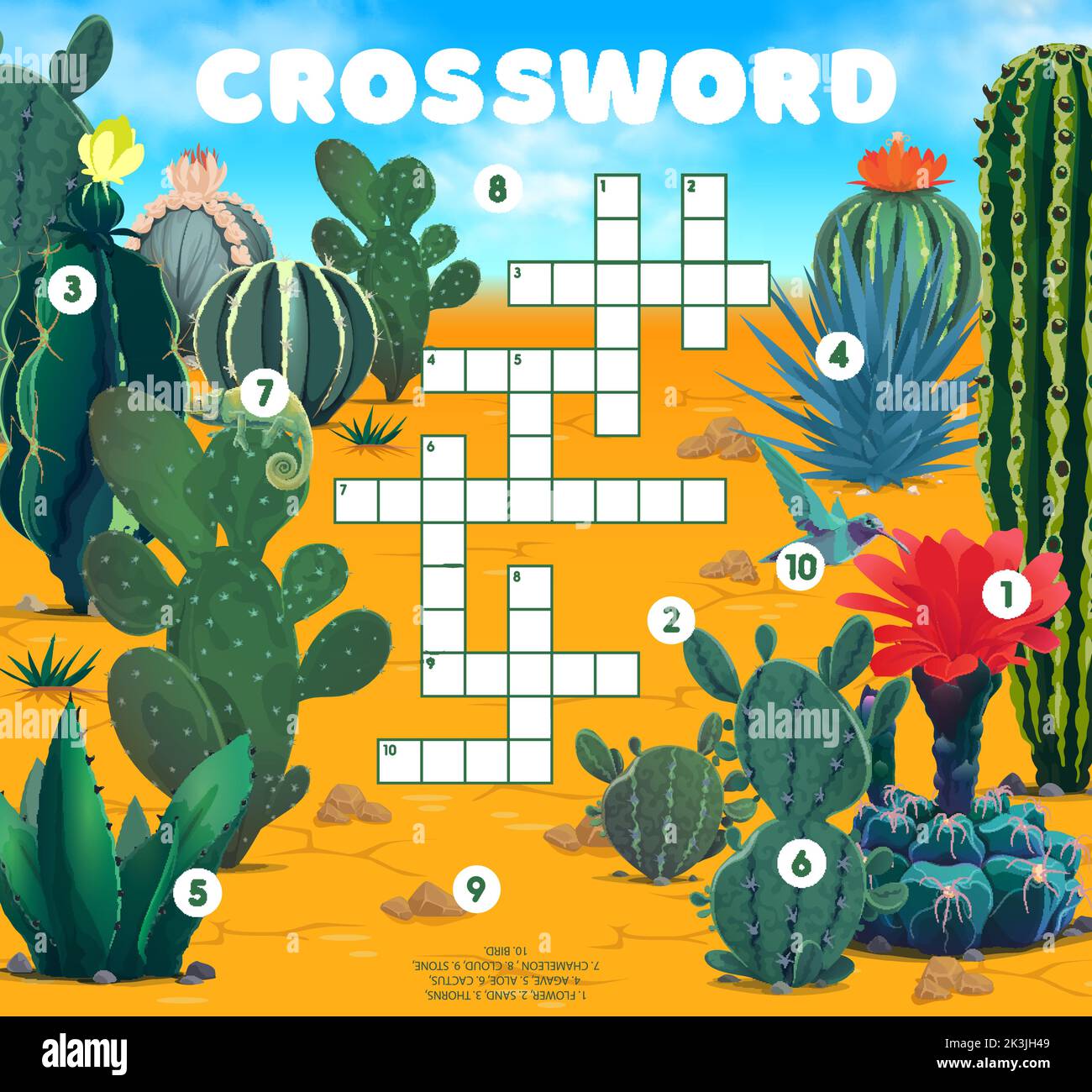 Foglio di lavoro griglia croce flora e fauna del deserto messicano. Trova un gioco di quiz vettoriale di parola o puzzle di istruzione. Cartoon cactus fiori, camaleonte, uccello, agave, aloe succulente piante riempiono in piazze riddle Illustrazione Vettoriale