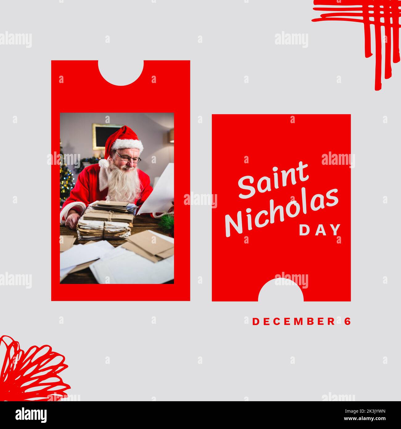 Composizione del testo del giorno di san nicola e di babbo natale a natale con regali Foto Stock