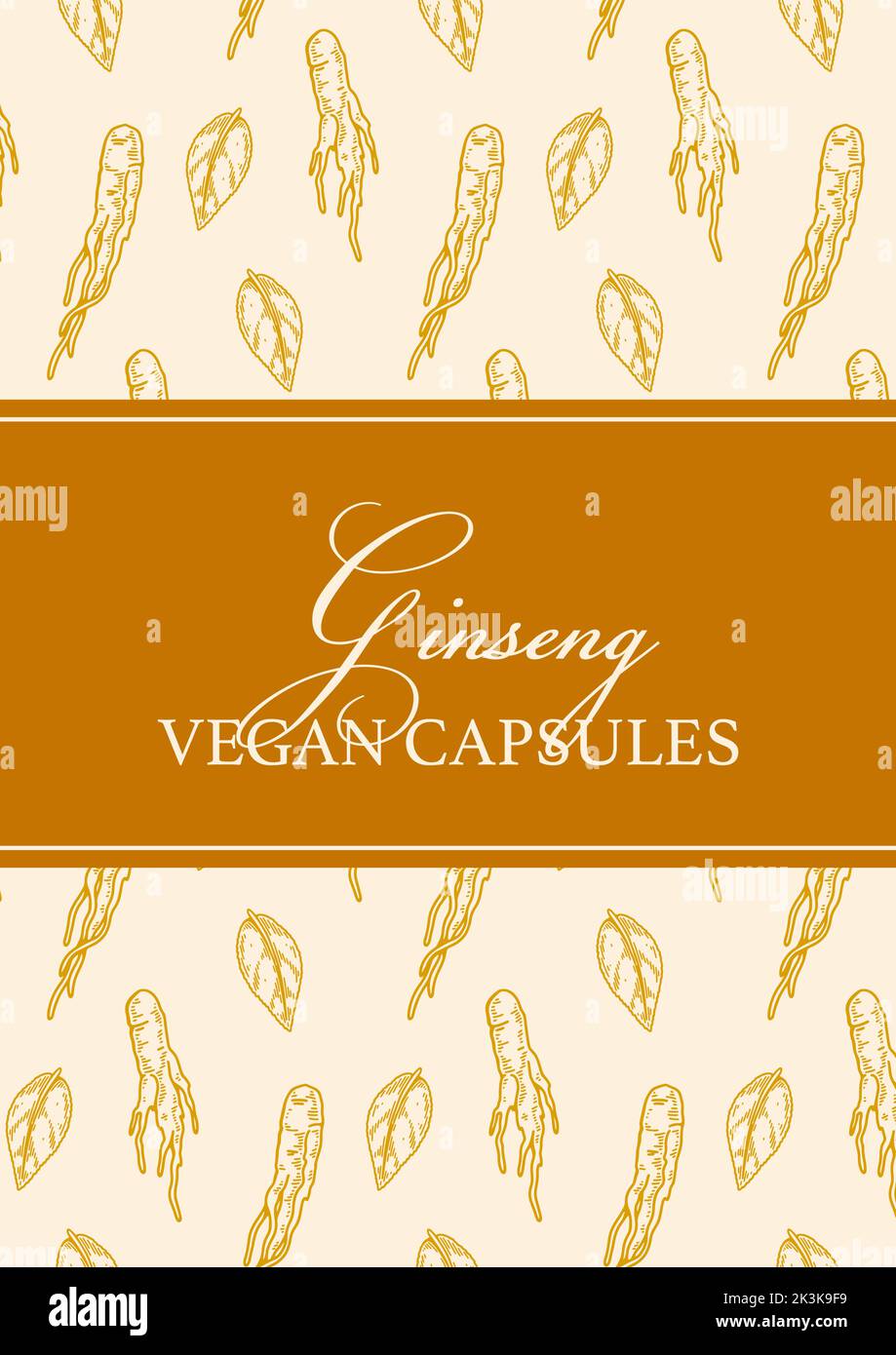 Design del packaging in ginseng disegnato a mano. Illustrazione del vettore botanico nello stile di schizzo Illustrazione Vettoriale