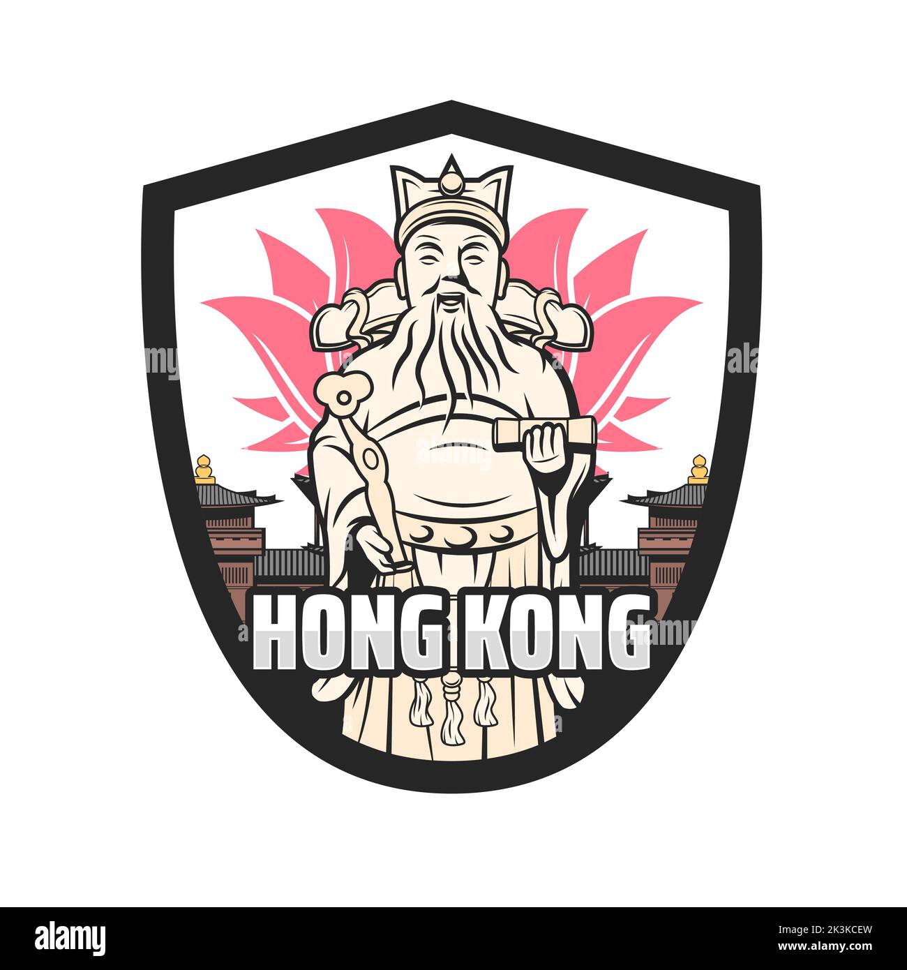 Hong Kong viaggio icona con il dio sorridente della fortuna, monastero buddista, tempio e fiore di loto. Cultura della città di Hong Kong, attrazioni religiose o luoghi di interesse. Badge vettoriale retrò con simboli di Hong Kong Illustrazione Vettoriale