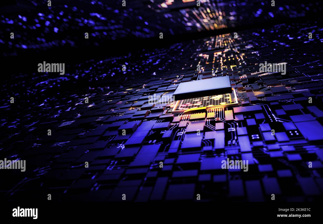 Processore centrale del chipset CPU con microprocessore di rendering 3D sulla scheda madre del computer del circuito di illuminazione. Concetto informatico e futuristico, hardware, Foto Stock