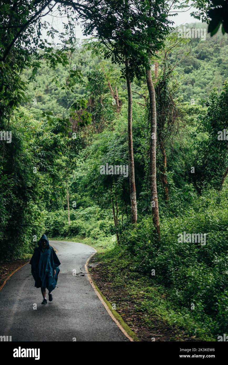 Uomo che indossa un impermeabile che cammina nel mezzo di una strada vicino alla giungla Foto Stock