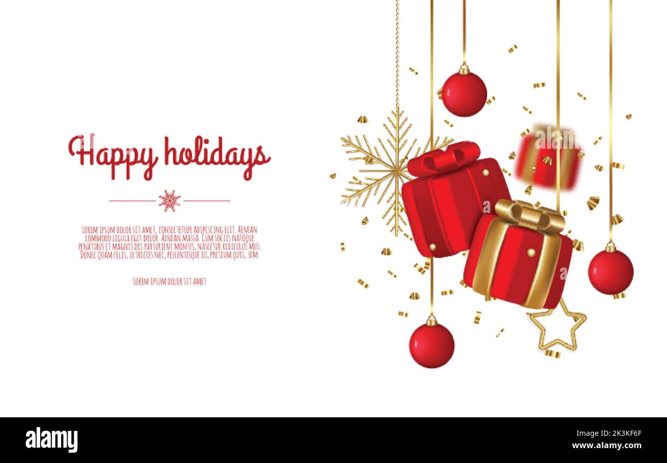 Banner di Natale. Sfondo design natalizio con scatola regalo realistica, cordoncini dorati brillanti. Illustrazione Vettoriale