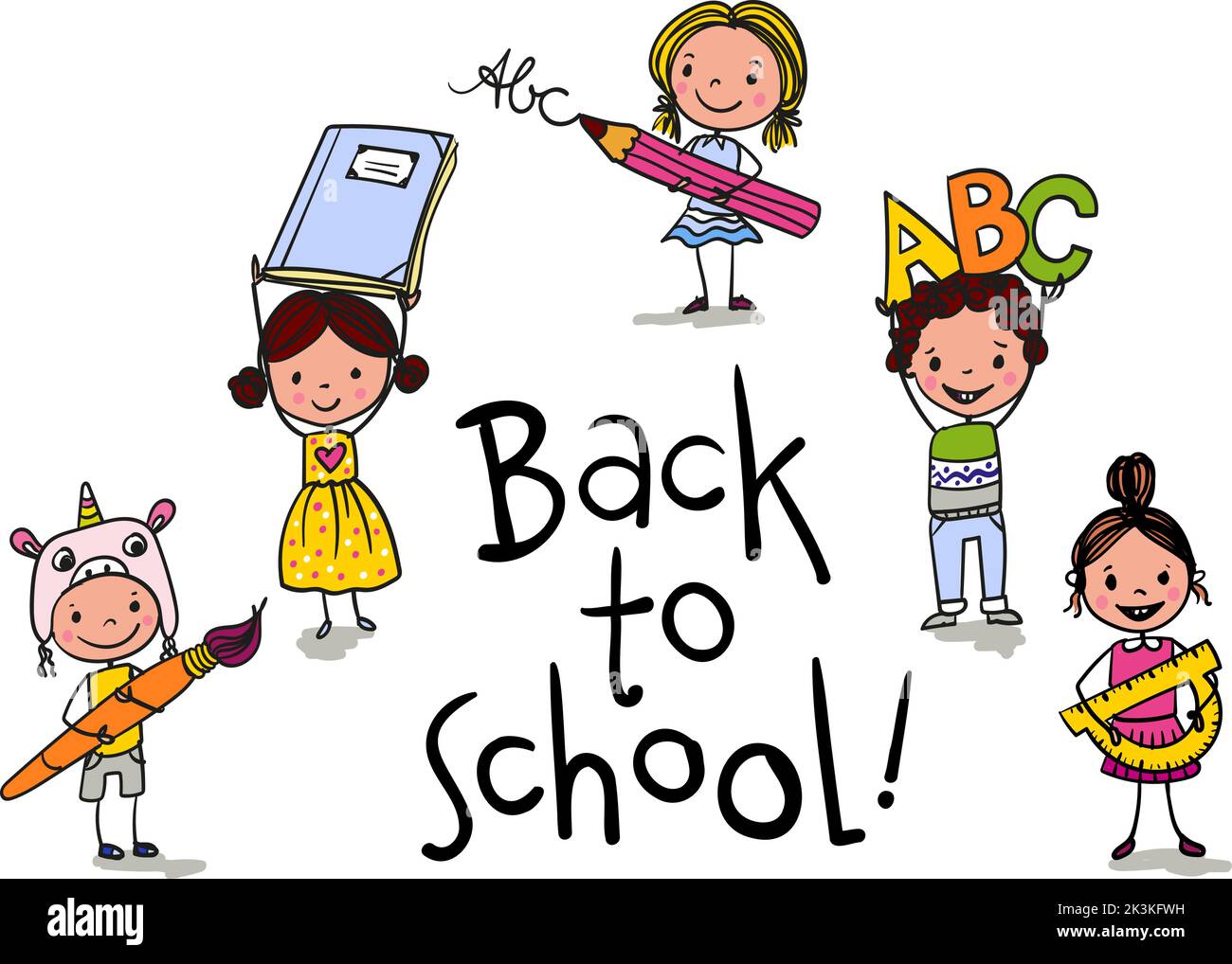 Torna a scuola - carini ragazzi e ragazze con righelli, matite, pennelli e ABC - entusiasti di tornare a scuola - colorato cartone animato disegnato a mano. Adatto per Illustrazione Vettoriale