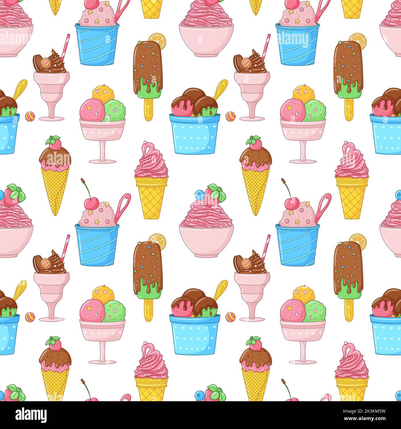 Modello estivo senza cuciture con gelato al cartone animato, papicola, fragola, cioccolato. Carta da imballaggio, tessuto, carta da parati. Dolce cibo estivo. V Illustrazione Vettoriale