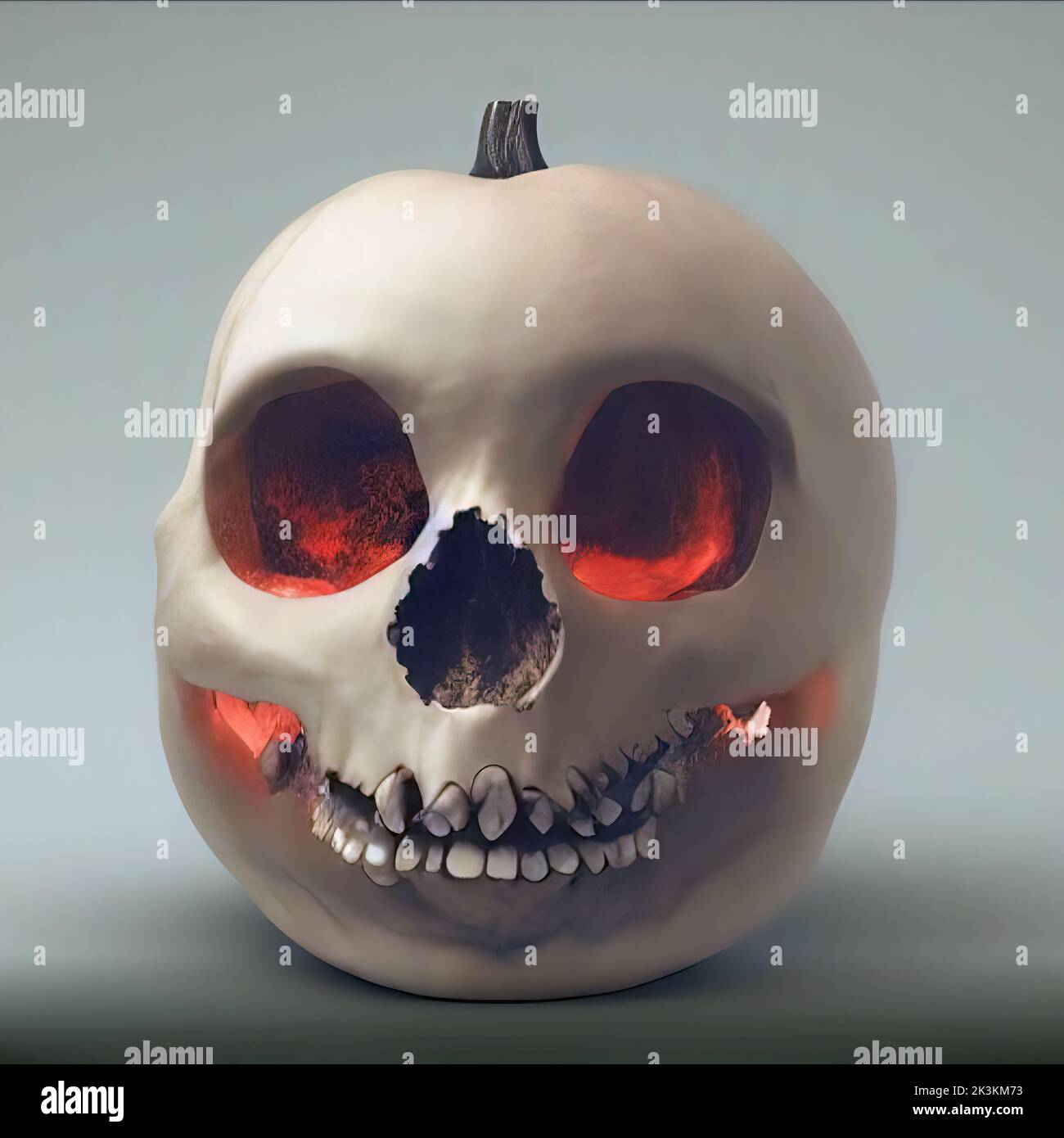 3D rendering di zucca di Halloween jack-o-lanterna simile al cranio umano su sfondo grigio Foto Stock