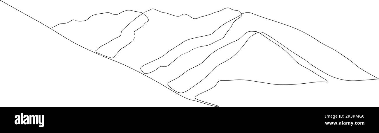 Un disegno a linea continua del paesaggio della catena montuosa. Banner Web con montaggi in semplice stile lineare. Concetto di sport invernali avventura isolato su wh Illustrazione Vettoriale
