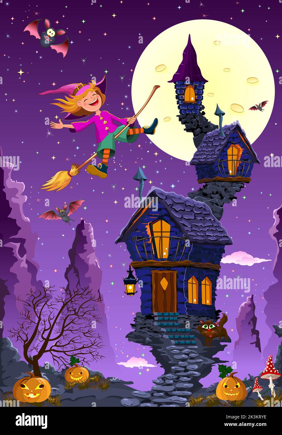 La piccola strega del cartone vola su una scopa sullo sfondo della sua casa e delle montagne rocciose. La luna piena è nel cielo notturno e nelle stelle Illustrazione Vettoriale