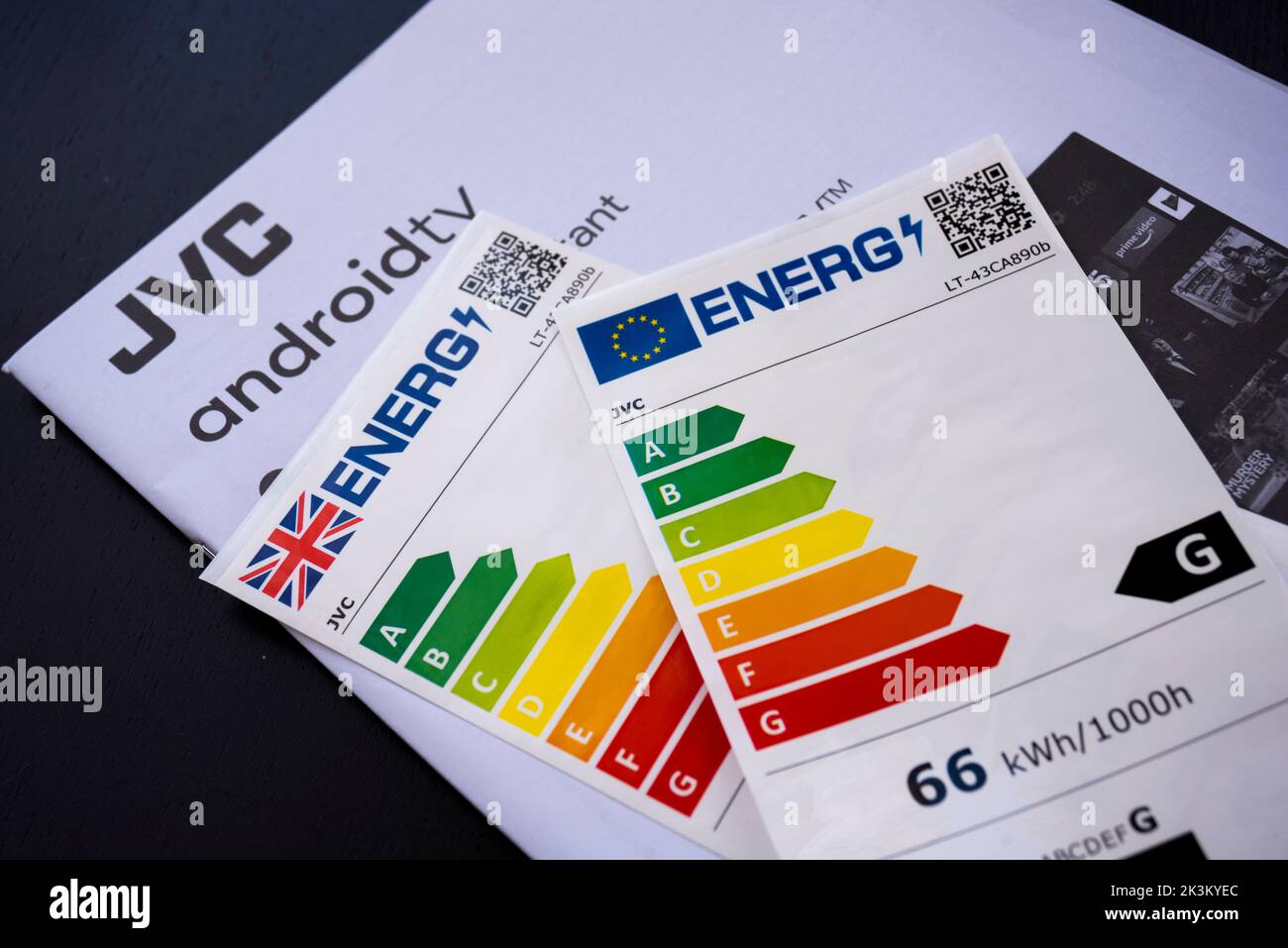Etichette di efficienza energetica dei prodotti del Regno Unito e dell'UE dopo la Brexit per una televisione. Sistema di normalizzazione dell'indice di efficienza energetica (EEE) Foto Stock