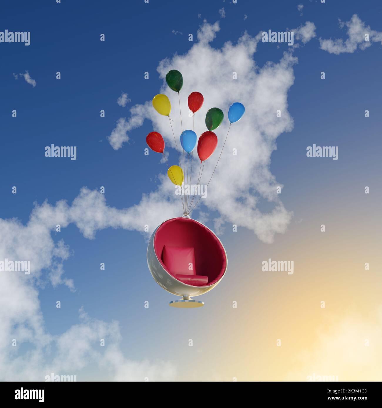 Sedia a sfera Flying in the Air con palloncini - 3D Illustrazione Render Foto Stock