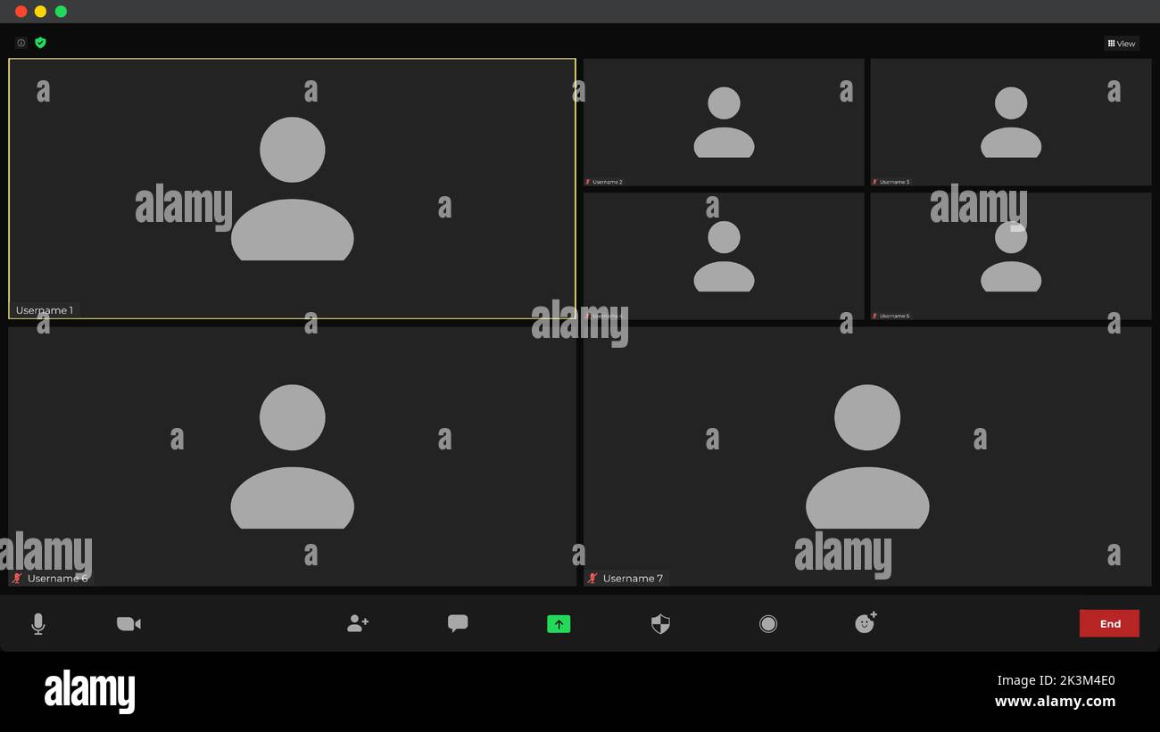Interfaccia utente per videoconferenza modello. Applicazione per le chiamate. Video call screen mockup. Interfaccia utente da webinar video. Tecnologia per videochiamate. Illustrazione Vettoriale