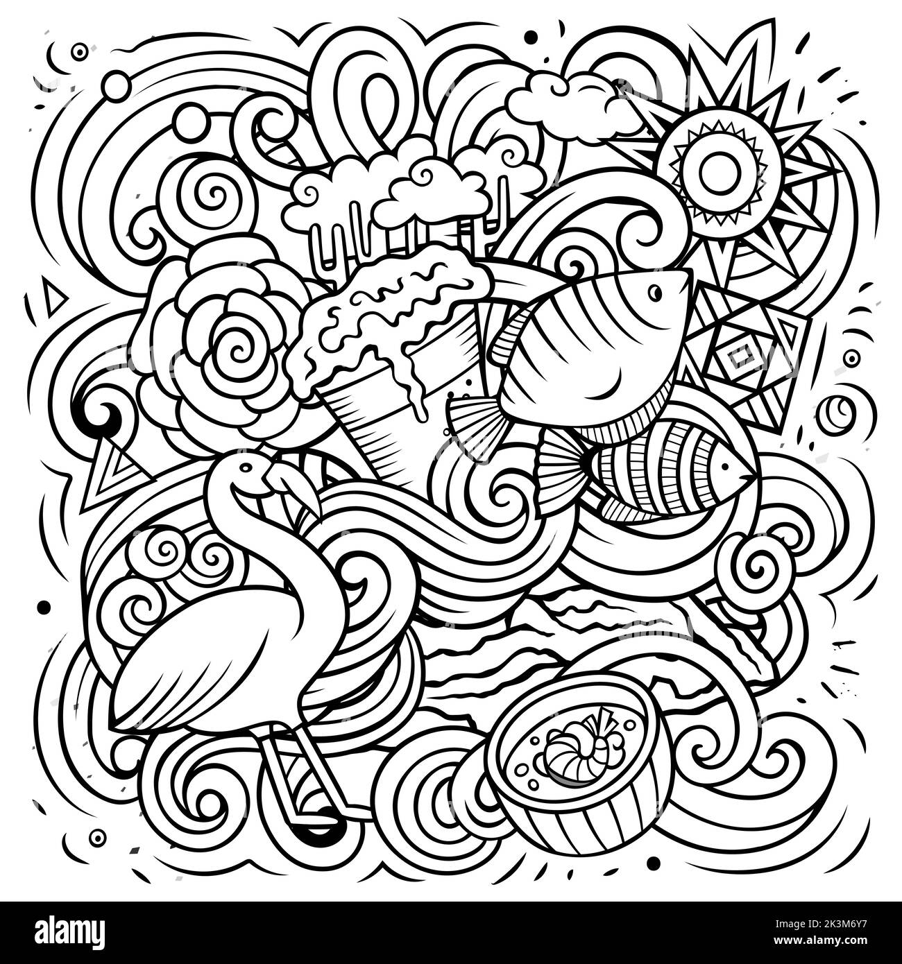 Ecuador disegno a mano fumetto doodles illustrazione. Design divertente. Illustrazione Vettoriale