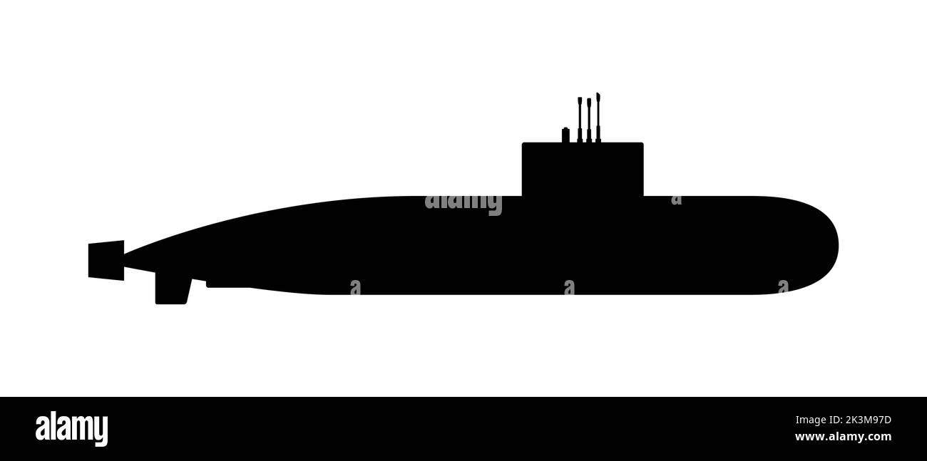 Silhouette nera di un sottomarino della Marina con speciali dispositivi retrattili dalla torre di conning. Illustrazione Vettoriale