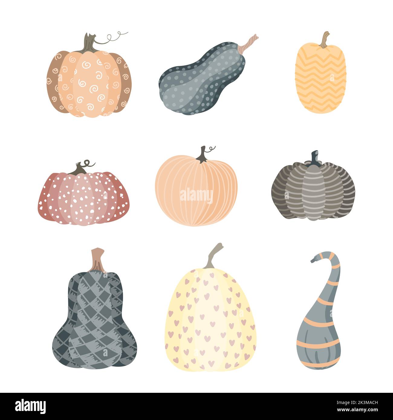 Carino set di zucche isolate con ornamento di doodle. Illusione vettoriale piatta. Halloween o simbolo del giorno del Ringraziamento. Illustrazione Vettoriale