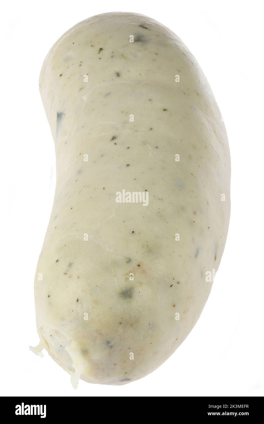 Tradizionale Weisswurst bavarese (salsiccia bianca) isolato su sfondo bianco Foto Stock