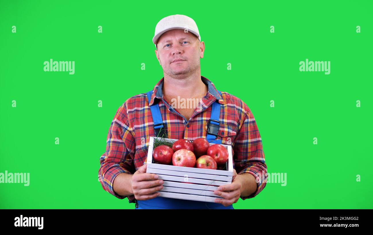 ritratto di bel contadino maschio che tiene una scatola di legno con mele biologiche rosse mature, sorridente. su sfondo verde in studio. Cibo sano al vostro tavolo. Foto di alta qualità Foto Stock