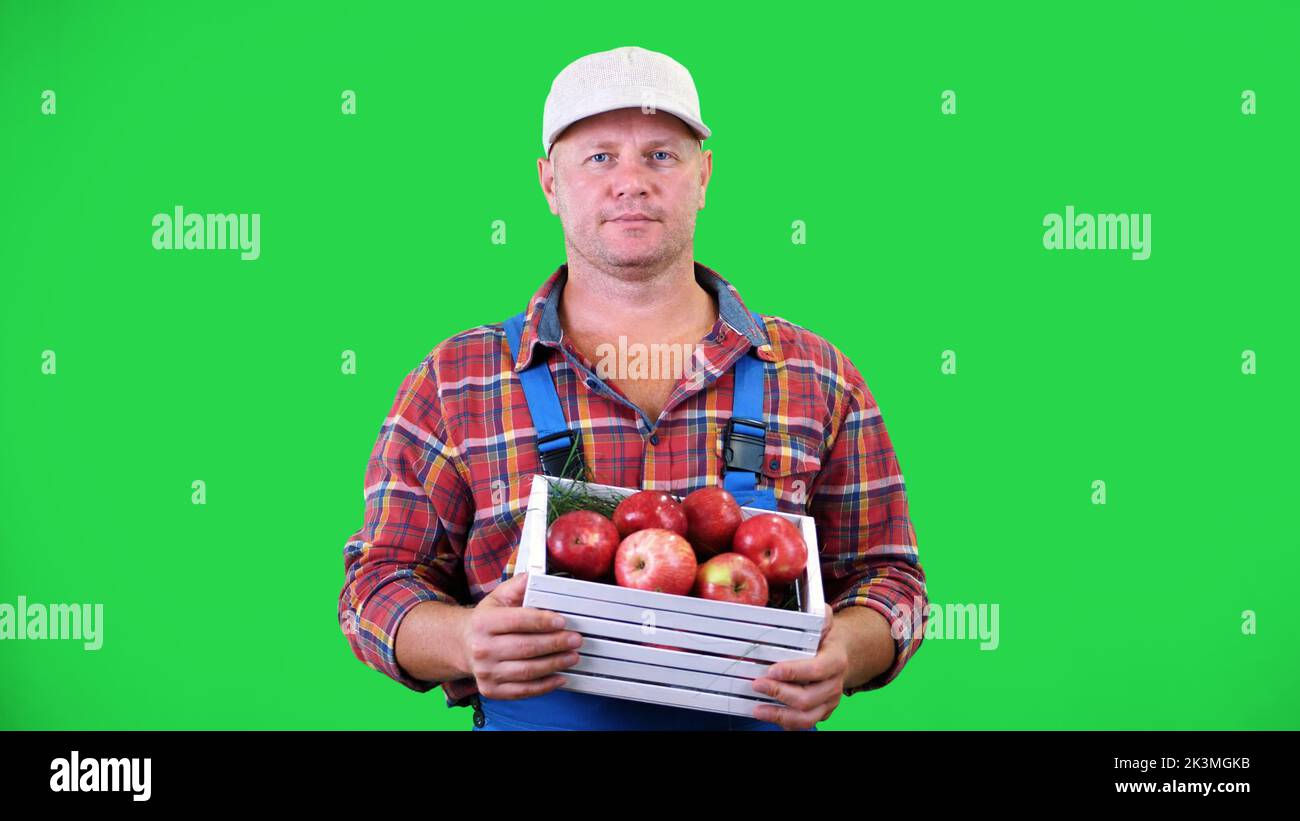 ritratto di bel contadino maschio che tiene una scatola di legno con mele biologiche rosse mature, sorridente. su sfondo verde in studio. Cibo sano al vostro tavolo. Foto di alta qualità Foto Stock