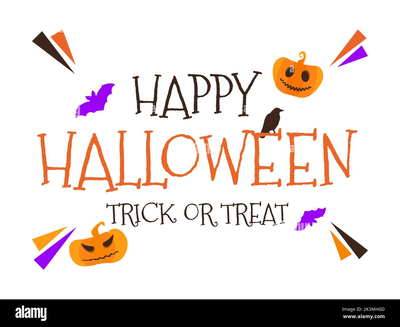 Banner di testo happy Halloween con zucche e pipistrelli. Il corvo si trova sulla lettera. Scritta Happy Halloween su sfondo bianco. Design per striscioni e. Illustrazione Vettoriale