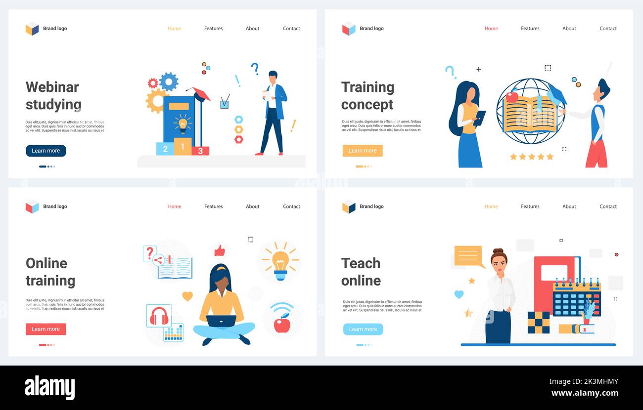 La formazione online, i servizi di istruzione e formazione hanno rappresentato il vettore. Studio di studenti e insegnanti di cartoni animati in un futuro moderno scuola remota, concetto di elearning per banner, design di siti web o landing web page Illustrazione Vettoriale