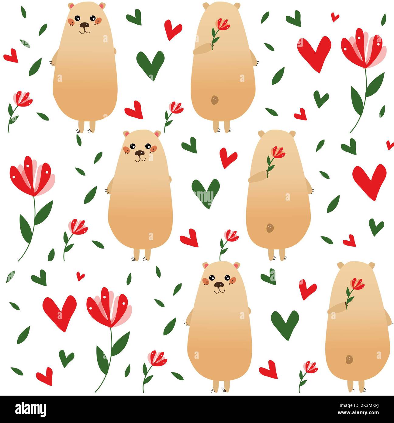 Modello senza cuciture con graziosi orsi, cuori e fiori.sfondo vettoriale. Foto Stock