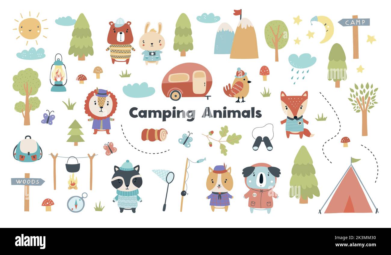 Un set carino con campeggio, animali della foresta, scout badge, tende e molto altro. Illustrazione vettoriale Illustrazione Vettoriale