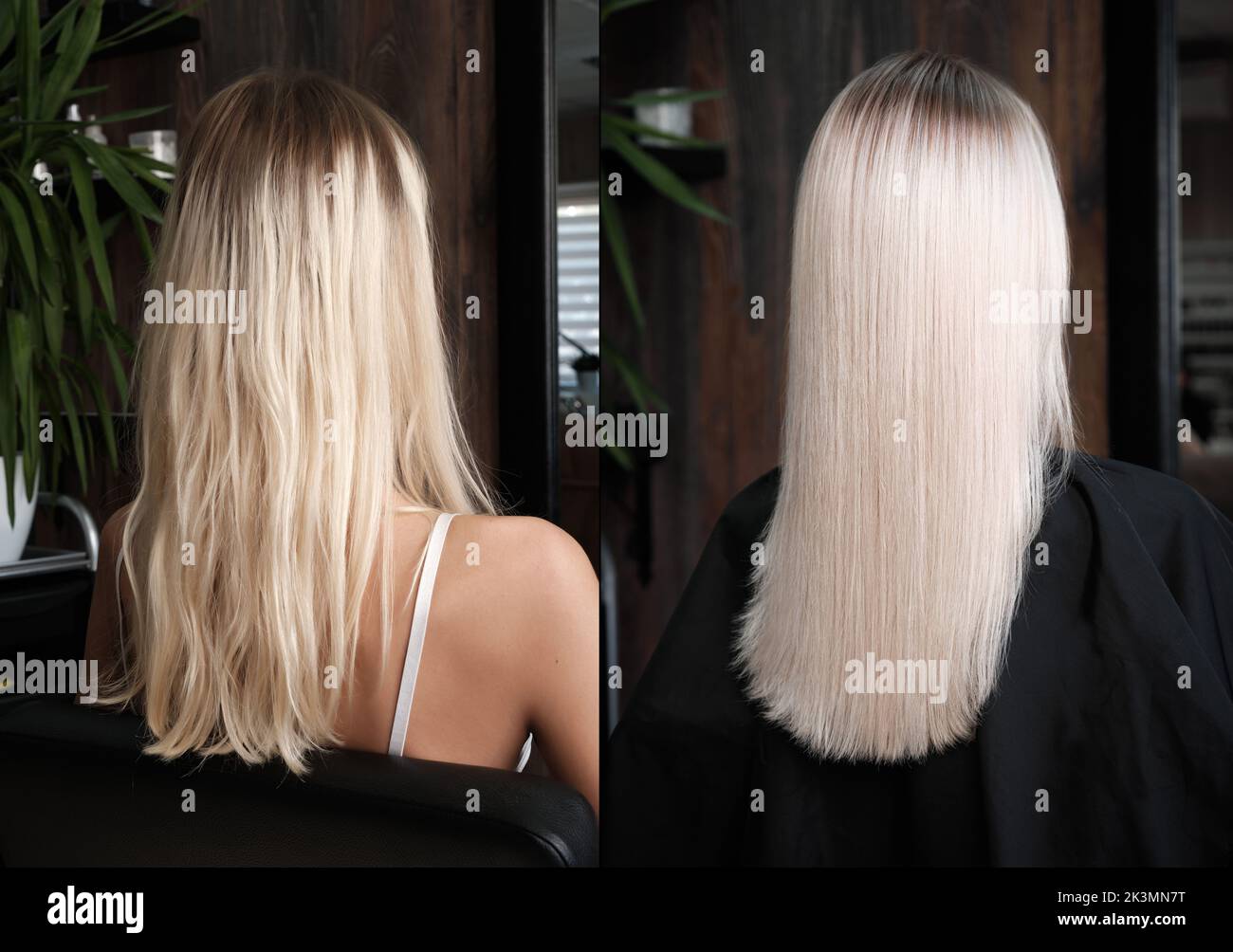 Donna prima dopo la tintura dei capelli. Vista posteriore, diritta e ricci. Foto Stock