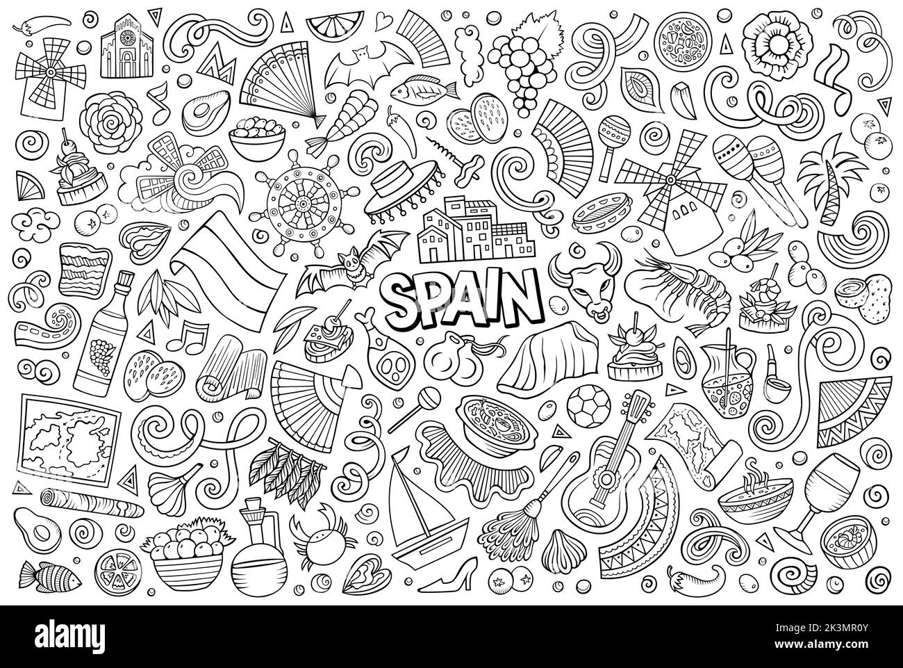 Set di cartoni animati Doodle di oggetti e simboli spagnoli Illustrazione Vettoriale