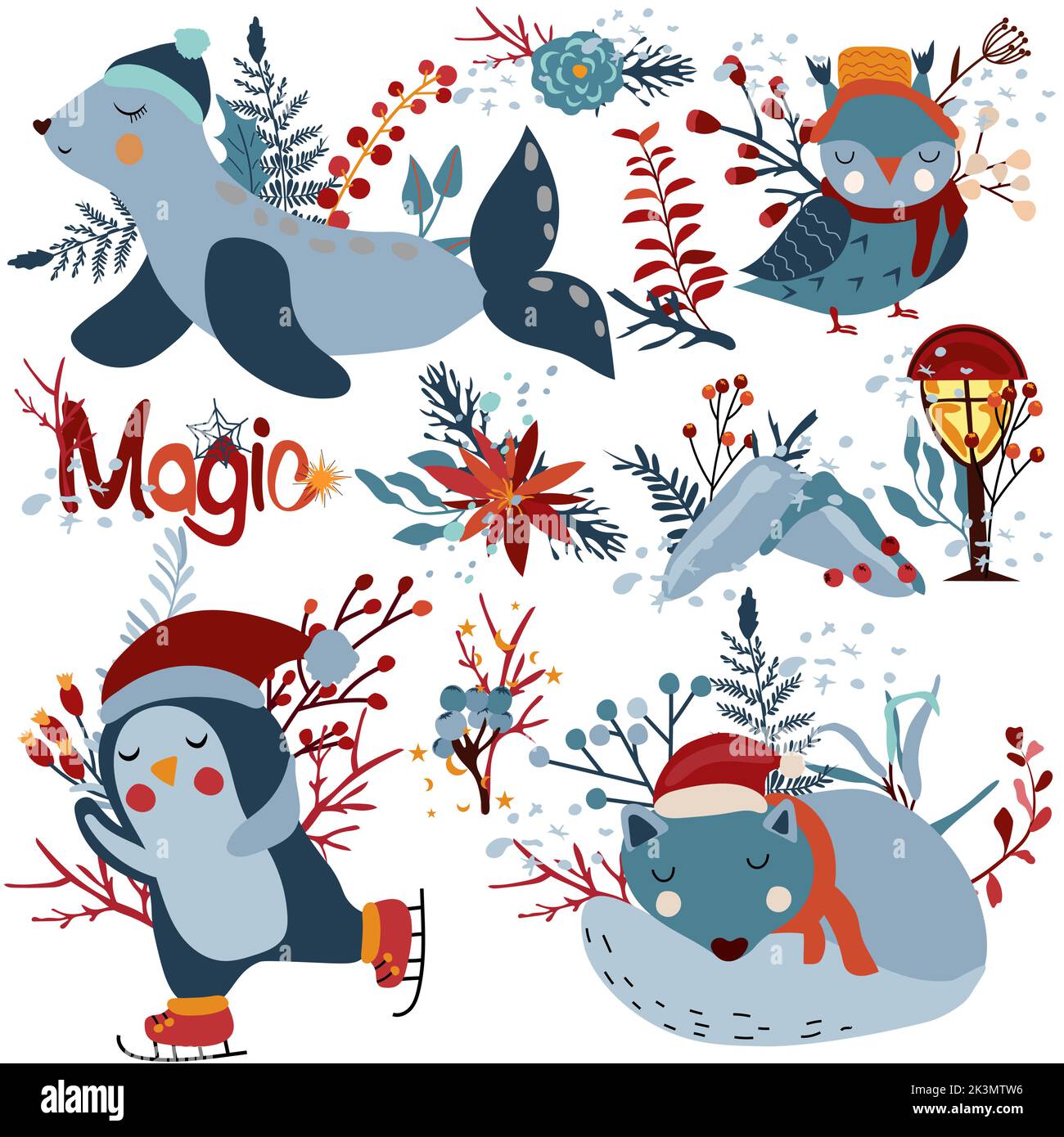 Carino inverno Artico animali, carino foca, divertente pinguino su pattini, il lupo addormentato, montagne innevate e fiori e leaves.Caro inverno animali per biglietti d'auguri, poster, cartolina, banner. Vettore Illustrazione Vettoriale