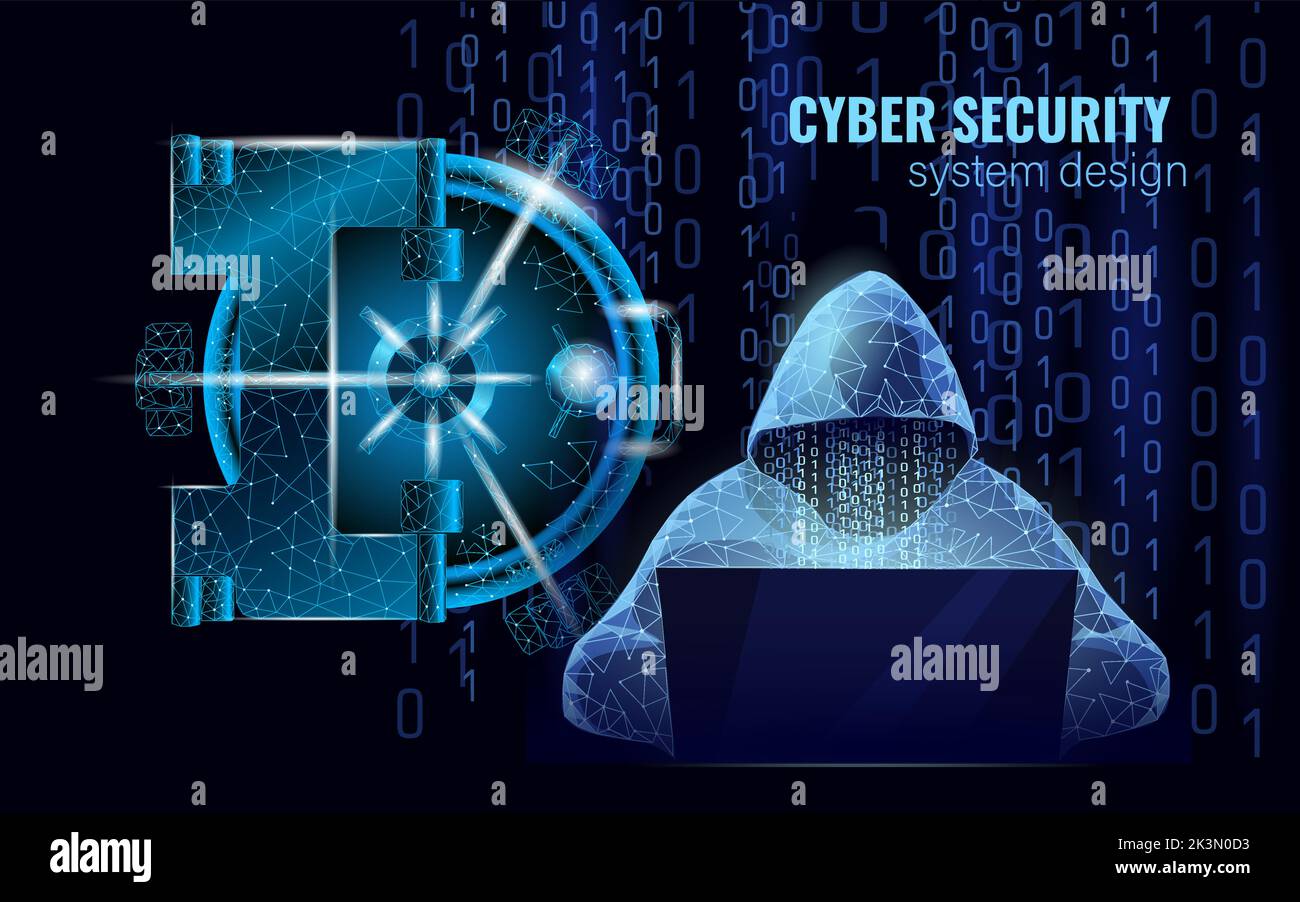 Internet sicurezza cyber attacco business concetto basso poli. Anonimo hacker al computer portatile blu finanza pericolo. Rack sala server poligonale Illustrazione Vettoriale