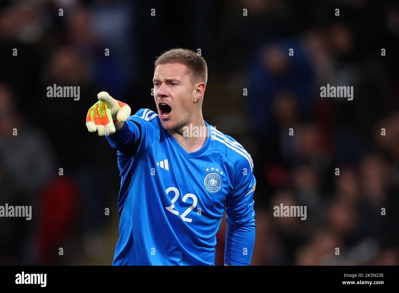 Londra, Regno Unito. 26th Set, 2022. Marc-Andre ter Stegen, il portiere della Germania, guarda avanti. Inghilterra / Germania, UEFA Nations League International Group C match al Wembley Stadium di Londra lunedì 26th settembre 2022. Solo per uso editoriale. pic di Andrew Orchard/Andrew Orchard SPORTS photography/Alamy Live News Credit: Andrew Orchard SPORTS photography/Alamy Live News Foto Stock