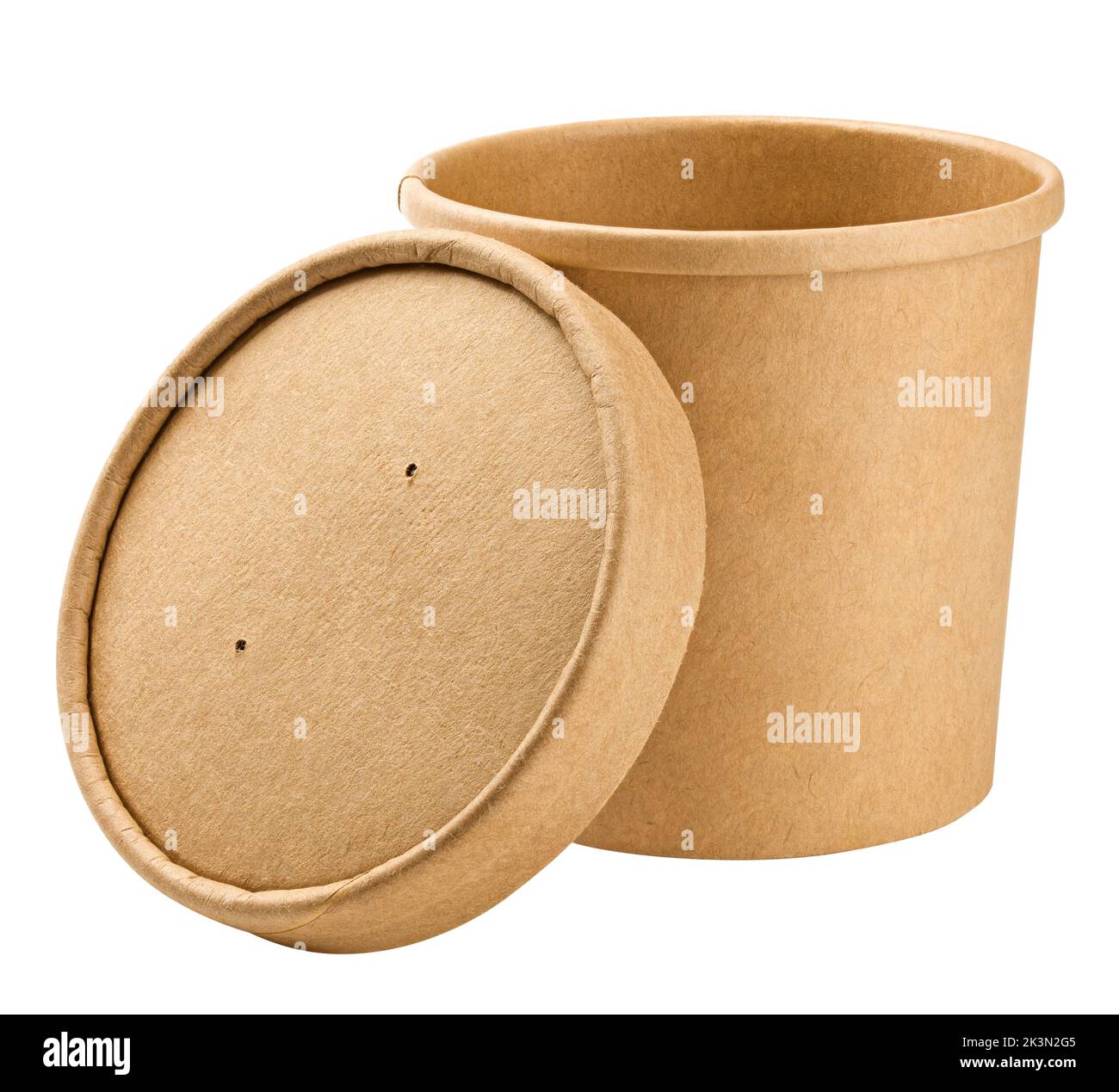 Tazza per zuppa di stoviglie in carta ecologica, contenitore per alimenti, isolato su sfondo bianco, percorso di ritaglio, profondità di campo completa Foto Stock