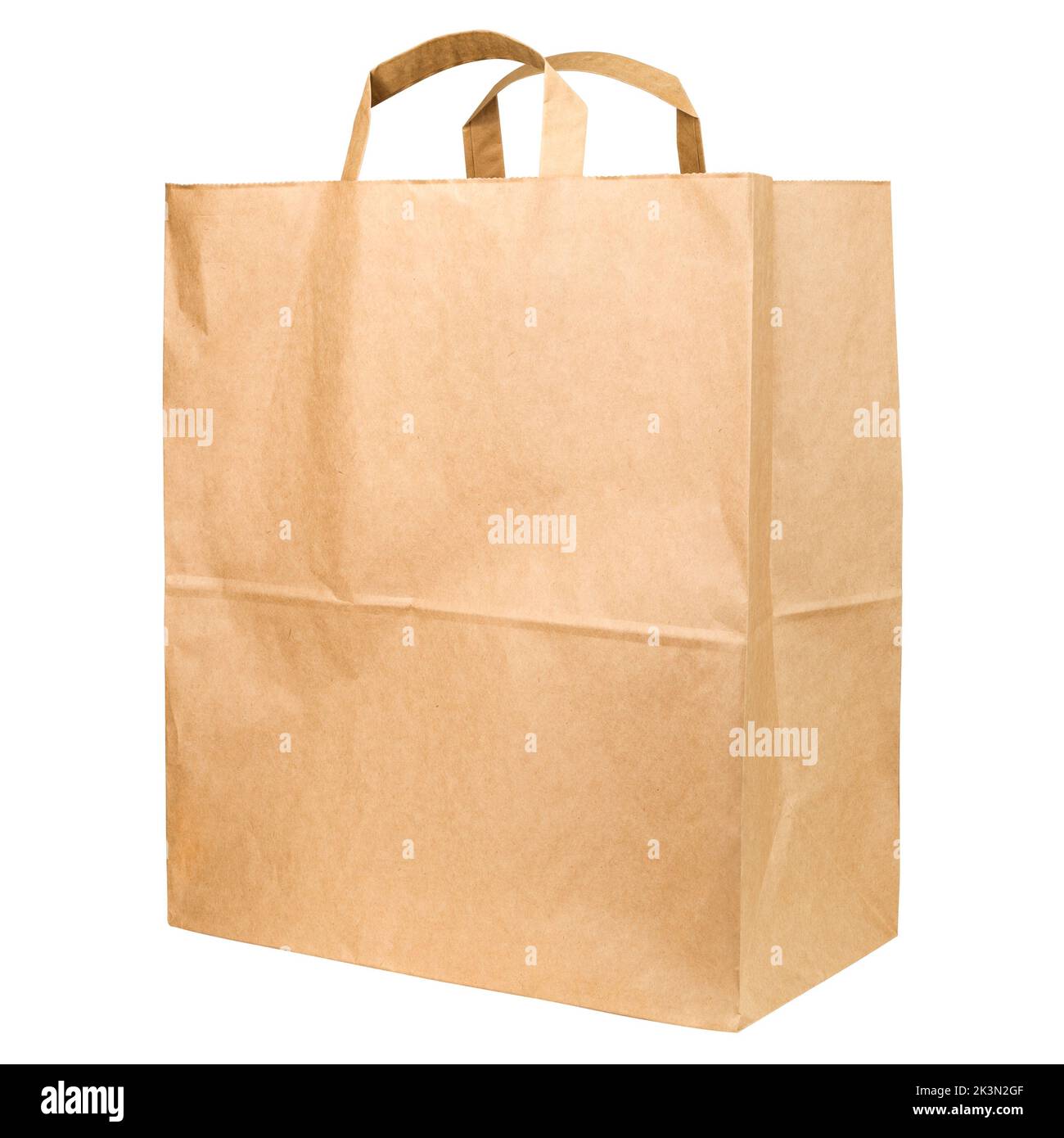 Sacchetto di carta marrone isolato su sfondo bianco, percorso di ritaglio, profondità di campo completa Foto Stock