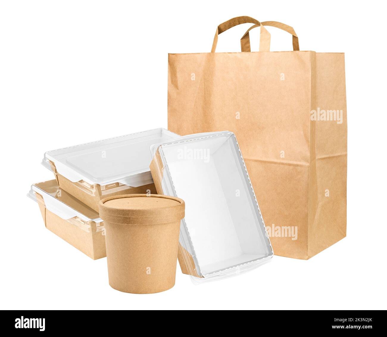 Vasellame di carta ecologica, contenitore per alimenti, isolato su sfondo bianco, percorso di ritaglio, profondità di campo completa Foto Stock
