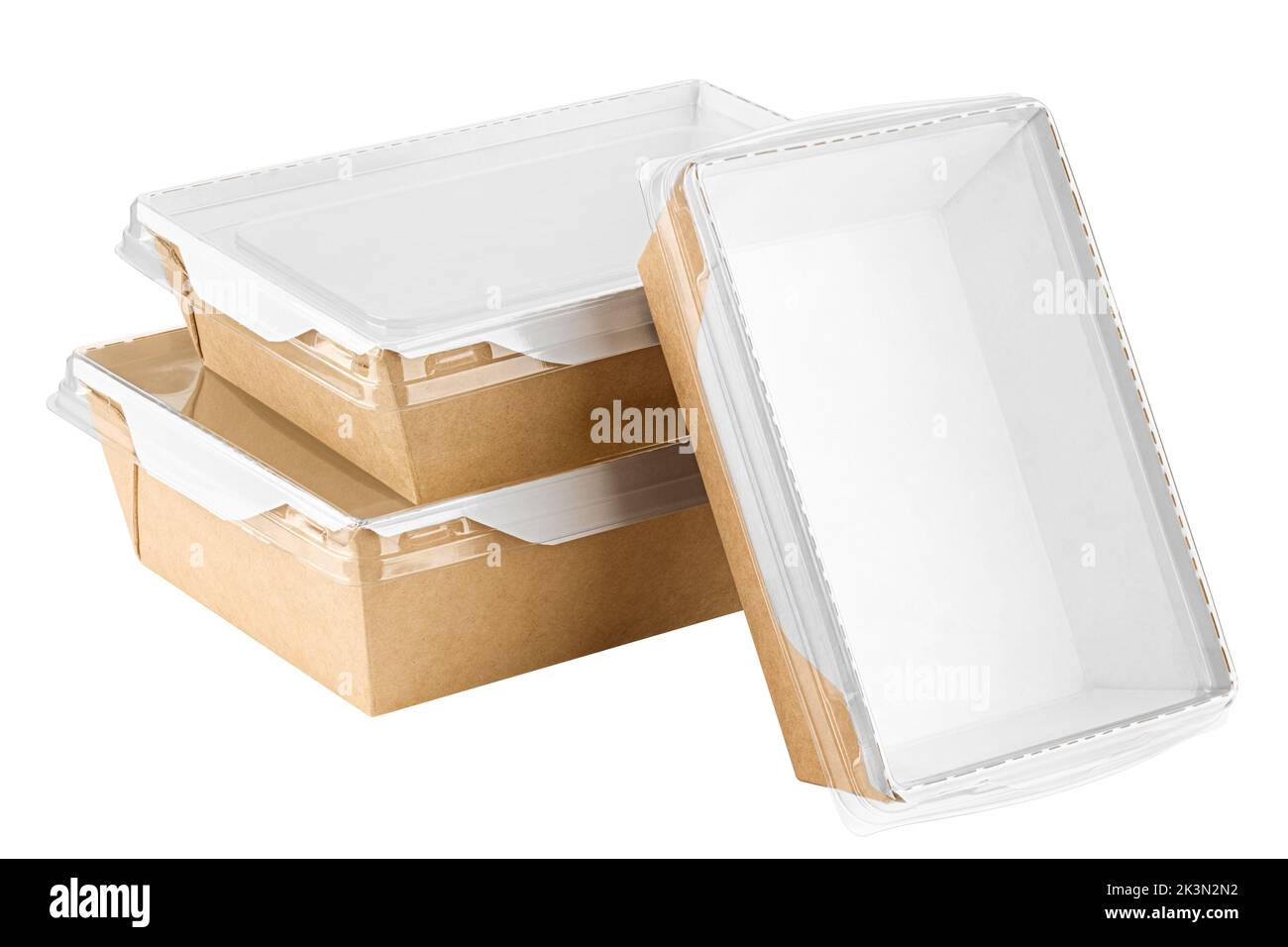 Vasellame di carta ecologica, contenitore per alimenti, isolato su sfondo bianco, percorso di ritaglio, profondità di campo completa Foto Stock