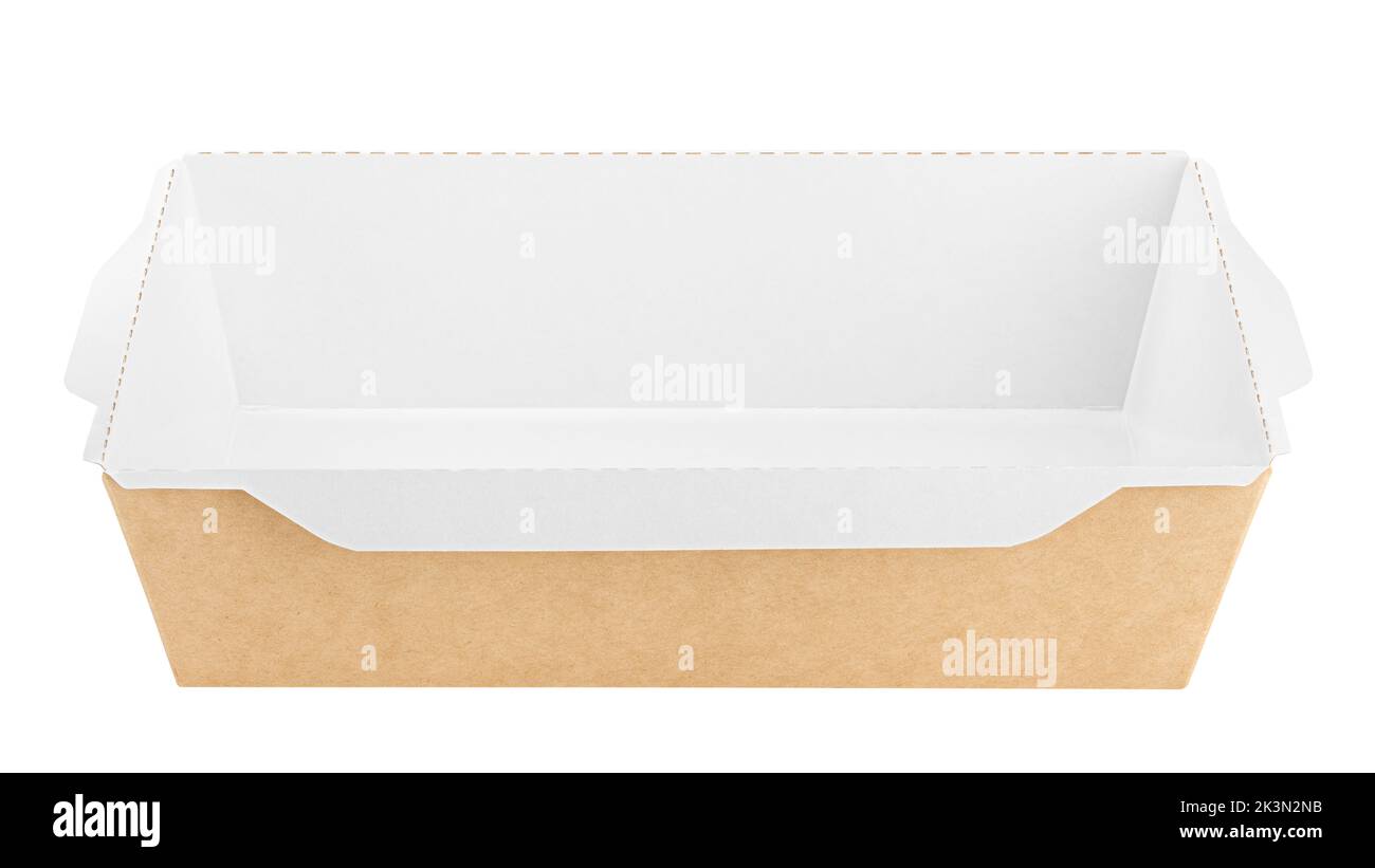 Vasellame di carta ecologica, contenitore per alimenti, isolato su sfondo bianco, percorso di ritaglio, profondità di campo completa Foto Stock
